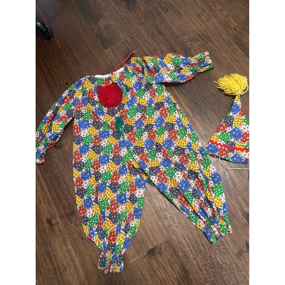 Vintage Handmade Clown Costume Patchwork Floral Strawberry Print Jumpsuit & Hat